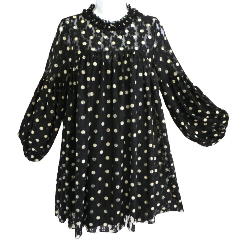 Zara Black & White Lace Polka Dot Dress High Ruffle Neck Lantern Slip Adj Straps